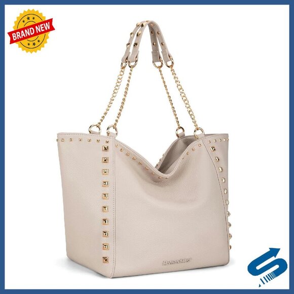 Handbags - Oversized Vegan Leather Tote Bag with Chain Handle - Large Capacity